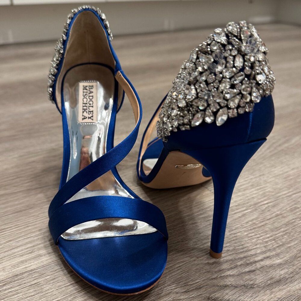Badgley Mischka Pauline Satin Blue Rhinestone/Crystal Embellished - size 7